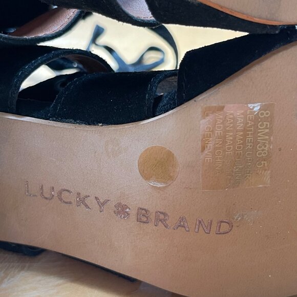 Lucky Brand Genevie Black 8.5M Lace Up Zip Back Cutout Open Toe Chunky Heels - Picture 8 of 9